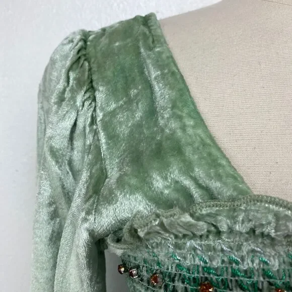 Urban Outfitters Green Velvet Dress Med Rhinestone Fairy Festival Boho Romantic - Picture 3 of 14